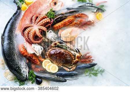 Top view of variety of fresh luxury seafood, Lobster salmon mackerel crayfish prawn octopus mussel red snapper scallop and stone crab, on ice background with icy smoke in seafood market.
