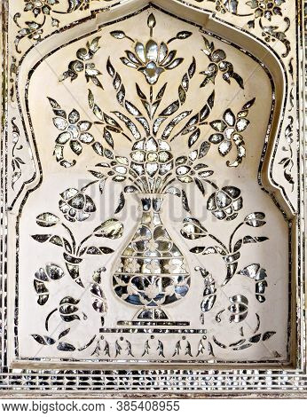 Mirror Mosaic On The Wall Of The Ancient Palace Sheesh Mahal Xvii Century In The Old Amber Fort, Jai
