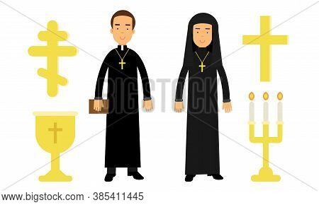 Christian Religion Attributes With Man Dressed In Priest Long Garment And Cross Vector Set