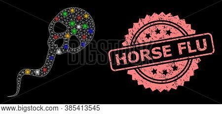 Glare Mesh Web Dead Sperm With Light Spots, And Horse Flu Textured Rosette Stamp. Illuminated Vector