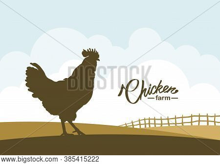 Cartoon Scene With Silhouette Of Cock On Background Of Farm Field.