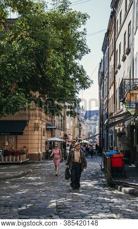 Lviv, Ukraine - September 12, 2020: Small Street View During The Pandemic In Touristic City And Peop