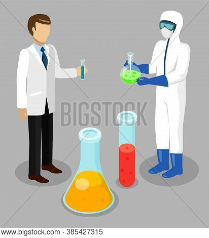Scientific Lab Experiments. People Working With Dangerous Liquids. Flasks, Test Tubes With Chemical 