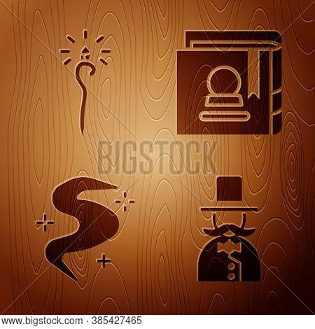 Set Magician, Magic Staff, Magic Fog Or Smoke And Ancient Magic Book On Wooden Background. Vector