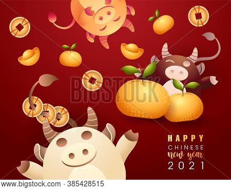 Happy Chinese New Year. Banner With Funny Ox, Gold Yuan, Ingot And Orange. 2021 Year Of The Ox. They