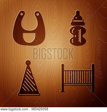 Set Baby Crib Cradle Bed, Baby Bib, Party Hat And Baby Bottle On Wooden Background. Vector