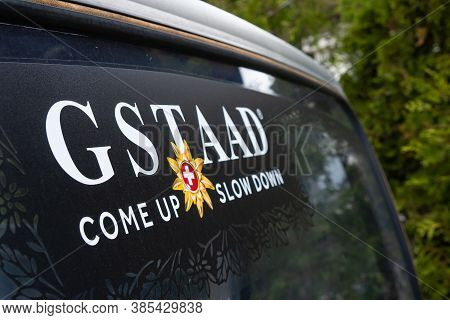 Gstaad, Switzerland - July 16, 2020: Inscription Gstaad On The Window Of A Ski Cabin