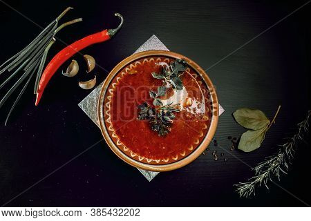 Traditional Ukrainian Russian Borsch With Sour Cream And Herbs. View From Above
