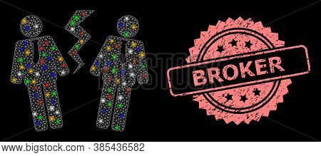 Glowing Mesh Net Businessmen Conflict With Flash Nodes, And Broker Unclean Rosette Stamp. Illuminate
