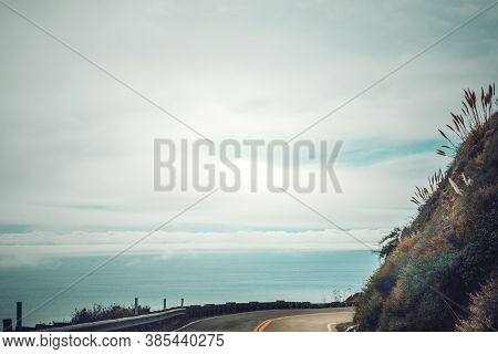 Pacific Coast Highway On A Foggy Day In Winter. Central California, Usa