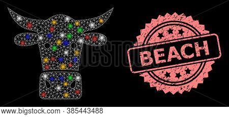 Glare Mesh Network Cow Head With Bright Dots, And Beach Grunge Rosette Stamp Seal. Illuminated Vecto