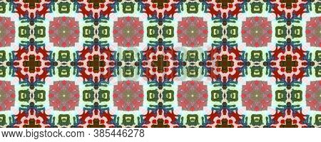 Ethnic Pattern. Abstract Ikat Print. Green, Blue, Red, Indigo Seamless Texture. Repeat Tie Dye Illus