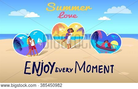 Love Summer Poster Banner With Typography Slogan, Enjoy Every Moment, In Love Couples Kissing Inside