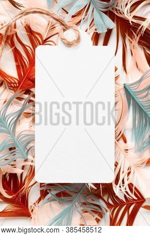 Beautiful red, green and yellow bird feathers and white blank paper mockup on corel background. Flat lay with copy space