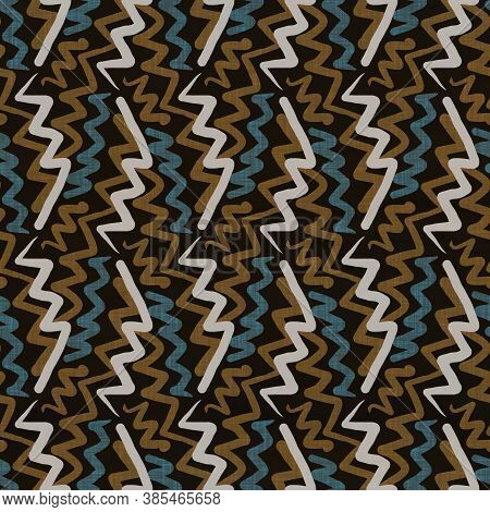 Seamless Dark Blockprint Linen Background. Moody Watercolor Wash Texture. Mid Century 50s Soft Furni