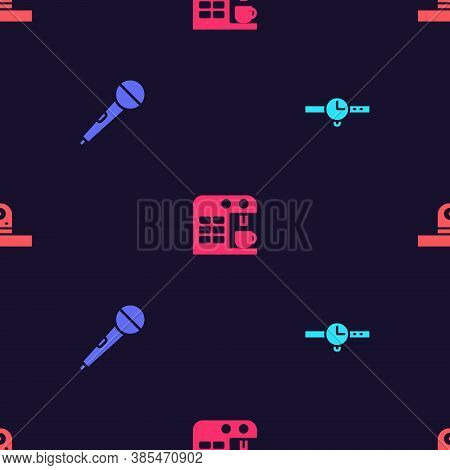 Set Wrist Watch, Microphone, Coffee Machine And Security Camera On Seamless Pattern. Vector
