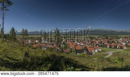 Vazec Village Panorama View With Vysoke Tatry Mountains In Sunny Summer Day