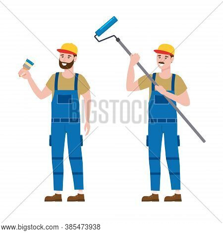 Set Construction Workers Painter With Brush And Rollerbrush In Workwear. Craftsman Character Vector 