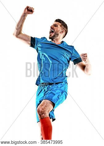 one caucasian youg soccer player man standing in studio isolated on white background