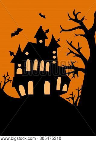 Halloween Poster With Big Castle And Tree, Bats Black Silhouettes On Orange Background, Stock Vector
