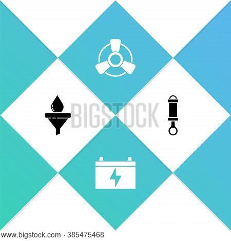 Set Funnel And Oil Drop, Car Battery, Motor Ventilator And Shock Absorber Icon. Vector