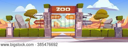 Zoo Gates With Pointers To Wild Animals Cages Monkeys, Zebras, Giraffes, Lions, Penguins And Elephan