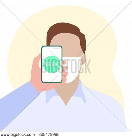 Vector Illustration Phone Placed On Forehead Of Person Remotely Measures Temperature. New Technology