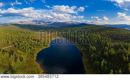 Aerial drone view of the lake of Kidelyu near the Ulagan mountain pass, Altai Republic, Russia