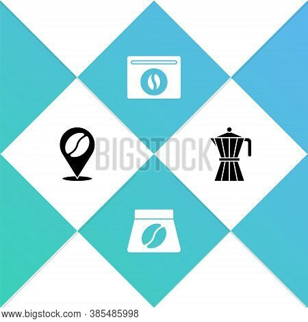 Set Location With Coffee Bean, Bag Beans, And Coffee Moca Pot Icon. Vector