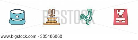 Set Kepi, Fountain, French Rooster And Handbag Icon. Vector