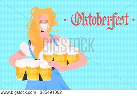 Woman Holding Beer Mugs Oktoberfest Party Festival Celebration Waitress Wearing Mask To Prevent Coro