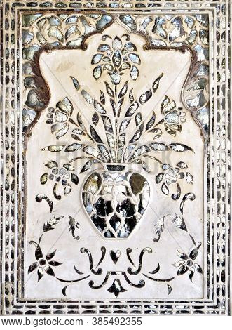 Mirror Mosaic On The Wall Of The Ancient Palace Sheesh Mahal Xvii Century In The Old Amber Fort, Jai