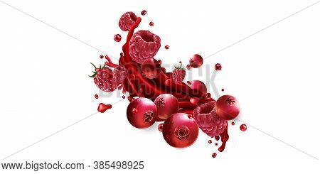 Splash Of Fruit Juice With Fresh Cranberries And Raspberries.