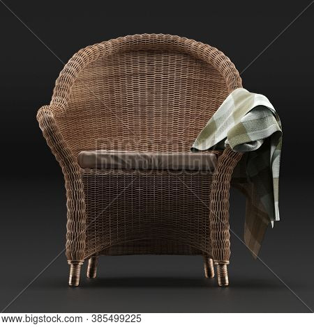 Classic Wicker Chair With Striped Plaid, Isolated On A Black Background.