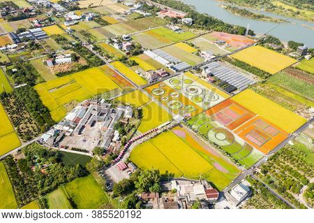 Daxi, Taiwan - November 14th, 2019: aerial view of garden in Daxi event of Taoyuan Flower Festival in Taoyuan, Taiwan, Asia