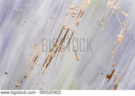 Abstract Gold Potal Brush Strokes And Stains On Lilac Pastel Marble Background Or Texture