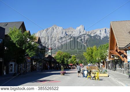 Canmore, Alberta, Canada - September 11th, 2020: A View Of The Main Street With The Mountains In The