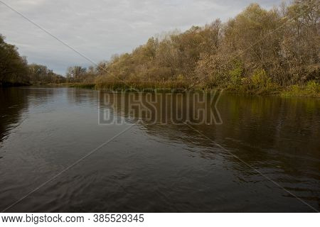 Psel River And Deciduous Forest, Panoramic Landscape. Autumn Season. Web Banner. Ukraine. Europe.