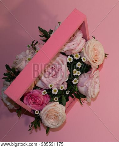 Postcard Template, Copy Speys- Pink Roses In A Basket On A Pink Background