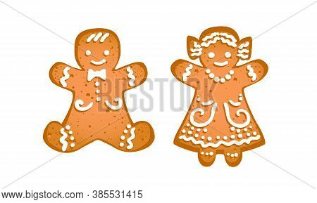 Gingerbread Man And Girl Isolated On White Background. Icons Of Traditional Winter Holidays, Family 