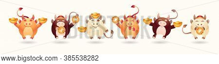 Set Of Cartoon Ox With Traditional Chinese Element Of Wealth And Prosperity. Chinese New Year, The Y