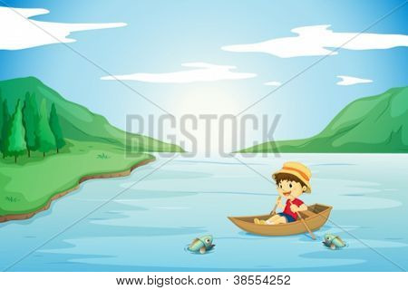 illustration d'un garçon à l'aviron dans un bateau dans la nature