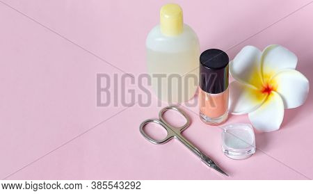Nail Polish Manicure Scissors Cotton Pads Oil Nail Polish Remover Brush For Manicure On Pink Backgro