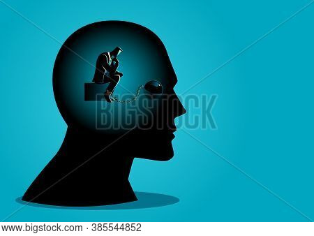 Business Concept Vector Illustration Of A Businessman In Human Head Being Chained, Tied Up Thinking,