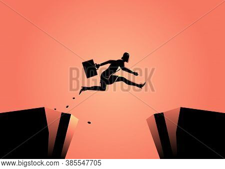 Silhouette Illustration Of A Businesswoman Jumps Over The Ravine. Challenge, Obstacle, Optimism, Det
