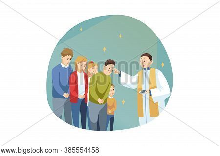 Religion, Holiday, Bible, Celebration Concept. Young Man Guy Priest Receiveing Communion Of People M