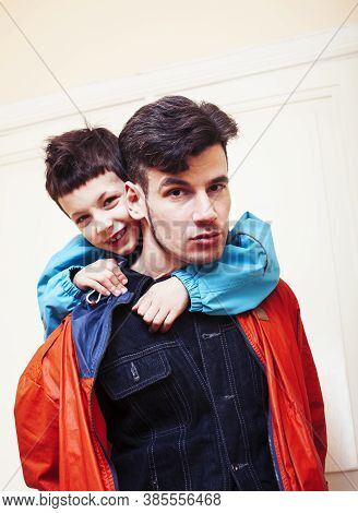 Faher And Son Together Having Fun At Home, Lifestyle Happy Family, People At Home