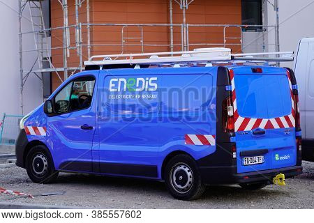 Bordeaux , Aquitaine / France - 09 01 2020 : Enedis Edf Logo And Text Sign On Blue Van Truck Of Fren