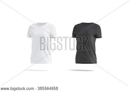 Blank Black And White Women T-shirt Mockup Set, Side View, 3d Rendering. Empty Cotton Jersey Tee-shi