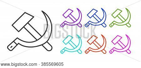 Black Line Hammer And Sickle Ussr Icon Isolated On White Background. Symbol Soviet Union. Set Icons 